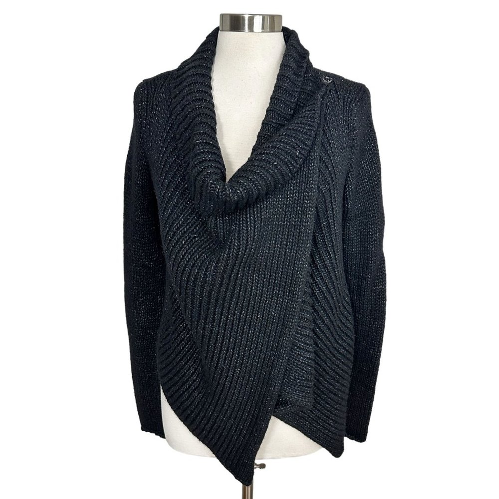 Helmut Lang M Black Ocacity Draped Chunky Knit Asymmetrical Cardigan Sweater